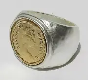 Queen Elizabeth Coin Silver 925 & Yellow Gold 24K Plate Hammered Ring Sz 8