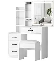 ALFORDSON Dressing Table Vanity Stool Set with Sliding LED Mirror, Chair, Mutiple Shelves and Storage Cabinet, Makeup Desk Dresser Organiser for Women Bedroom Dressing Room, White