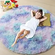 ONASAR Rainbow Round Area Rug 4x4, Soft Bedroom Circle Rugs Mats for Kids Girls Teen Room, Mermaid Fluffy Plush Shaggy Carpet for Baby Nursery Living Room Playroom Home Decor Princess Castle