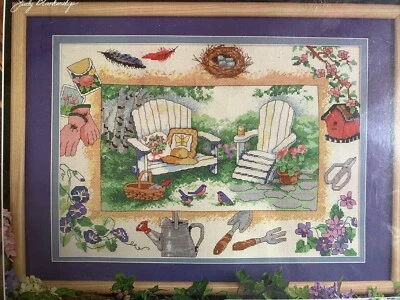 Sunday Afternoon in the Garden Cross Stitch Kit NIP 14x16 Stitched Border