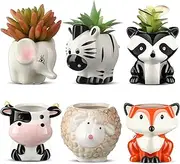 6 Pack Animal Succulent Pots, 3 Inch Small Ceramic Flower Planter Pot, Cute Plant Holder Container with Drainage Hole for Cactus, Gifts, Garden, Office, Home Decor