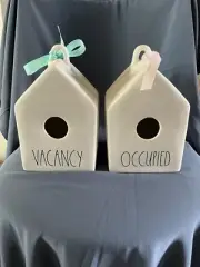 NEW Rae Dunn Birdhouses “VACANCY” Blue Ribbon “Occupied” Pink Ribbon (has Chip)