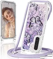 Case for Samsung Galaxy A56 5G with Strap, Mobile Phone Case for Samsung A56 5G Glitter Purple Butterfly with Chain TPU Slim Bumper Scratch-Resistant Transparent Shockproof Mobile Phone Chain