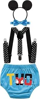 [HIHCBF] Baby Boys 2nd Birthday Party Outfits Cake Smash Photo Shoot Costume Cartoon Bloomers Suspenders Bow Tie Headband