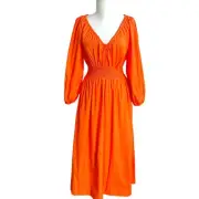 J Crew Smocked Poplin Midi Dress XS Tangerine V neck Cottagecore Peasant Boho