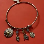 Alex & Ani Silver-toned Charm Bracelet Sanddollar, 4 Charms-Leaf, Flag, Heart