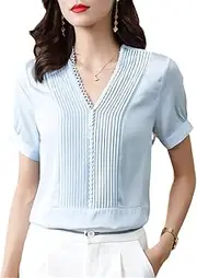 [Gienergy] 2022 Summer Real Silk Women Shirt Fashion V-Neck Short Sleeve Solid Blouse Buttons Natual Silk Office Lady Tops Blouses