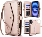 XIMAND Detachable 2-in-1 Case for iPhone 16 - Wallet Cover with Card Slots, RFID Blocking, Compatible with Magsafe Charging and Car Mount, Wrist & Crossbody Strap.(Rose Gold)