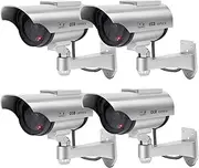 F FINDERS&CO Solar Powered Dummy Security Camera, Bullet Fake Surveillance System with Realistic Red Flashing Lights and Warning Sticker Indoor Outdoor (4, Silver)