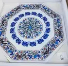 Octagon White Marble Inlay Table Pietra Dura Elephant & Peacock Design Furniture