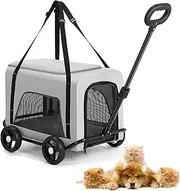 Foldable Pet Stroller, 4 Wheel Dog Pram,Breathable with 360° Rotatable Adjustable Handle Medium Dog and Cat, Light Easy Fold EVA Brake Mesh Windows, Strollers Outdoor Travel Gray