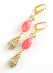 Gold Embossed Teardrop and Crystal Long Boho Dangle Earrings - Ivory and Coral P