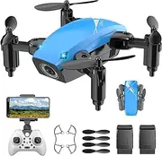 Mini Drone with Camera for Kids, Remote Control Drones Toys for Ages 8-14, Pocket RC Quadcopter with Foldable Wings, Voice & Gesture Control, Altitude Hold for Beginners & Boys/Girls, Blue