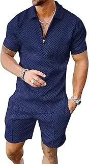 [Maiyifu-GJ] Men's Polo Shirt and Shorts Set Summer Fashion Casual Outfits for Men Short Sleeve 1/4 Zip Polo Shirts Short Suit, Dark Blue, XX-Large