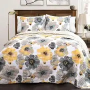 Lush Decor Leah Reversible Floral Quilt Set, 3 Full/Queen, Yellow & Gray
