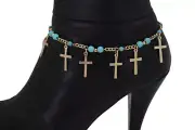 Women Gold Metal Western Fashion Boot Chain Bracelet Shoe Cross Charms Turquoise