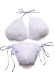 [ZOSCGJMY] Women's Faux Fur Halter String Triangle Bikini Sets Two Piece Swimsuits