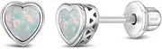 [In Season Jewelry] 925 Sterling Silver Simulated Opal Heart Shaped Bezel Earrings For Toddlers and Little Girls - Small Valentines Heart Shaped Earrings For Kids - Children's Heart Shaped Stud Earrings, Metal, No