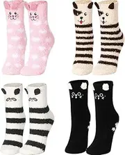 [WQOTHHZR] 4 Pairs Women Fuzzy Socks Non-Slip Microfiber Winter Warm Socks Fluffy Soft Cute Animal for Women Girls, Multicoloured, One Size