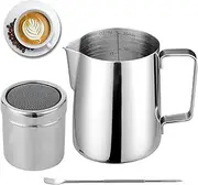 LONGCHANX Milk Frothing Pitcher, 350ml (12 Oz) Stainless Steel Milk Frother Steamer Cup Stainless Steel Espresso Cup with Latte Art Pen & Powdered Sugar Shaker Duster(12oz)
