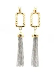 GORGEOUS Gold Hammered Texture Rectangle Multi Silver Box Chains Tassel Earrings