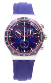 New Swiss Swatch Irony HOOKUP Chrono Blue Silicone Date Watch 43mm YVS417 $190