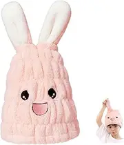 WRITWAA Cute Rabbit Ear Hair Towel Wrap for Absorbent Fleece Cap Quick Drying Hair Wrap Hat