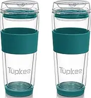 Tupkee Double Wall All Glass Tumbler - 14-Ounce, Reusable Insulated Tea/Coffee Mug & Lid, Hand Blown Glass Travel Mug - Cyan- 2 Pack