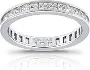 [Hoops & Loops] Sterling Silver Cubic Zirconia Princess-Cut 2mm Channel Set Polished Eternity Band Ring