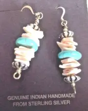 New Vtg Native American Sterling Silver Turquoise Coral Shell Bead Drop Earrings