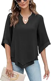 [Micoson] Womens 3/4 Sleeve Chiffon Blouses V Neck Double Layers Mesh Shirts Dressy Flowy Tunic Tops