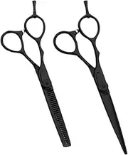 FRCOLOR 2PCS Professional Hair Cutting Scissor Black Hairdressing Shears for Barber Salon Use Includes Thinning Straight Scissors High Hardness Durable Design