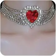 [Xerling] Large Rhinestone Red Heart Choker Crystal Layered Sparkly Tassle Chain Necklace Trendy Love Collar for Women Bridal Wedding Valentines
