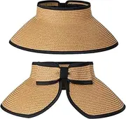 [Generic] Women's Sun Visor Hats Wide Brim Straw Beach Hat Ponytail Hats for Women Foldable Floppy ﻿