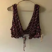 Anthropologie Black and Pink Tie Front Mini Ruffle Trim Patterned Crop Top, Sz L