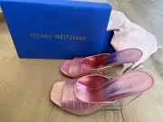$525 Stuart Weitzman Women's Pink Leather Tia Lucite Wedge Sandal Shoes Size 10