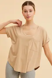 Beige Pocket Tee Scoop Neck Cotton Stretch Short Sleeve - Size XS, Women's Basic