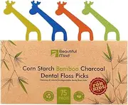 Organic Dental Floss Picks for Kids - Natural Biodegradable Floss Sticks with Strong Bamboo Charcoal Thread & Vegan Corn Starch Handle - No Plastics & No Artificial Flavours