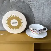 CRATE AND BARREL LAURA BERGER over sized tea cup & saucer with wooden box