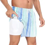 [GuoChe] Mens Swimming Shorts Men 2 in 1 Workout Running Shorts Blue Green Stripes with Pockets and Compression Liner Inseam