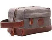 Vintage Leather Canvas Travel Toiletry Bag Shaving Dopp Kit #A001 (Gre