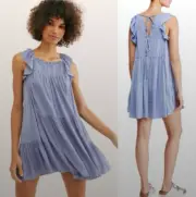 NEW Free People Want Your Love Mini Ruffle Shift Dress Size Medium M BoHo Blue