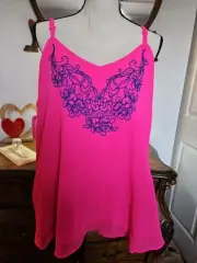 Torrid Neon Pink With Blue Floral Embroidery Cami Sophie Chiffon Swing Tank Top