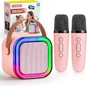 SYNCFUN Mini Karaoke Machine for Kids Adults, Portable Bluetooth Speaker with 2 Wireless Microphones, Bluetooth Speaker Toys, 3-12 Years Old Girls Birthday Gift, Family Home Party Present(Pink)
