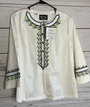 Bob Mackie Women’s M Zip Zag Embroidered Button Front White Twill Jacket*