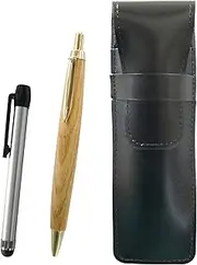 Slim Cowhide Leather Pen Case Black Metal Touch Stick Silver and Maple Wooden Axis Retro Ballpoint Pen Set ASB-ALST-HS47S