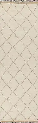 Trellis Ivory Moroccan Oriental Runner Rug Hand-knotted Plush Wool Carpet 3x9