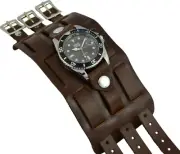 CuffWatches - Brown Leather Cuff Watch; 3 Strap; Diver; Handmade in USA