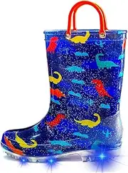 [Greentiming] Toddler Rain Boots for Girls Boys, Kids Rain Boots Light Up Glitter Boot Waterproof Shoes with Easy on Handles