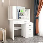 Luxsuite Dressing Table Vanity Table with Sliding Mirror Dresser Makeup Desk with 5 Drawers & 6 Storage Shelves Bedroom Furniture White